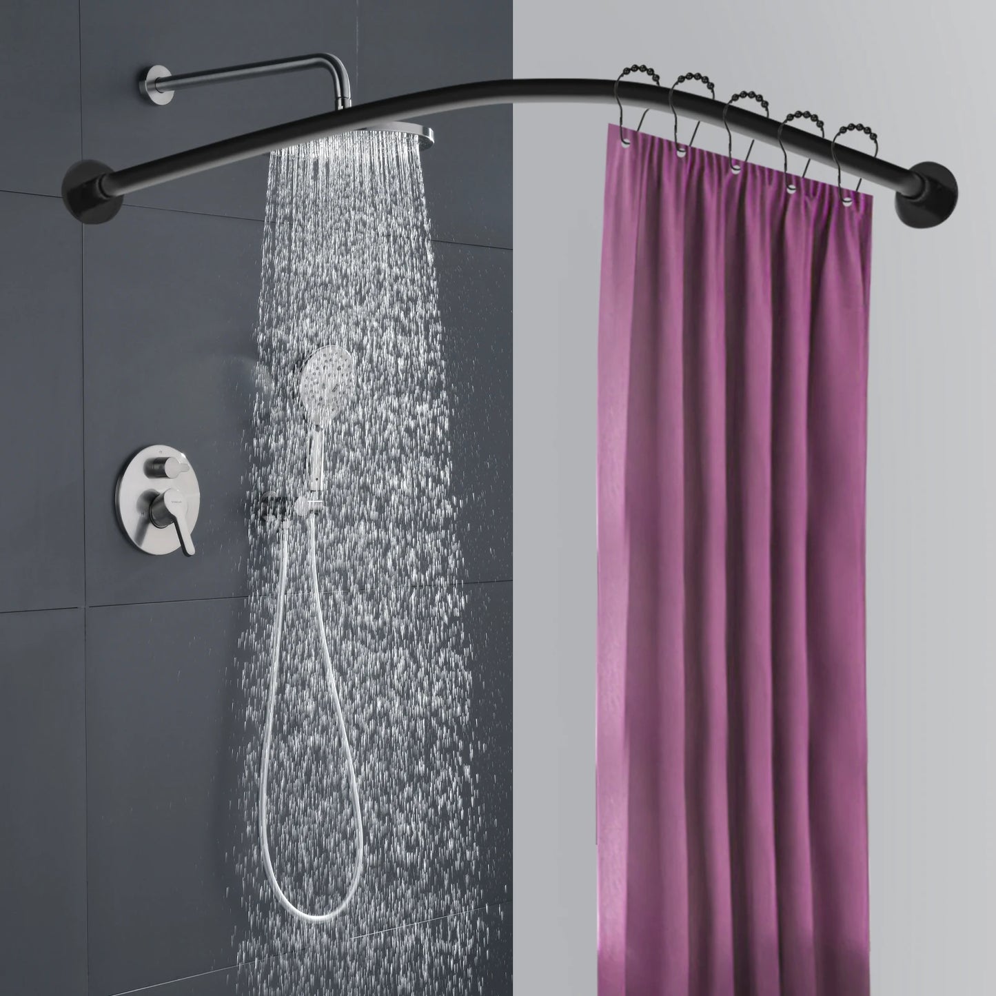 Shower Curtain Rail L Shape No Drilling Rail Corner Stainless Steel Telescopic Rod with Shower Curtain Rings