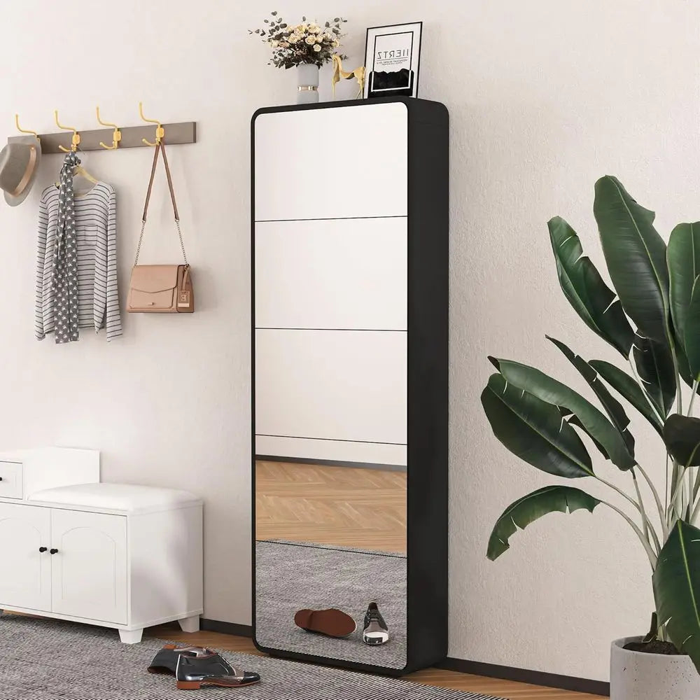 5-Tier Wooden Shoe Storage Cabinet with Mirror, Sleek White Entryway Organizer