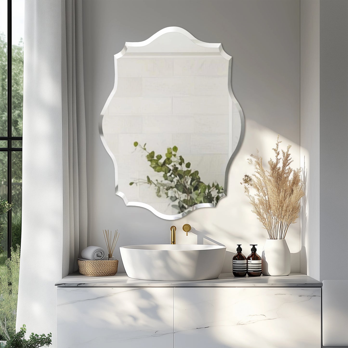Wall Mirror Scalloped Frameless Beveled Edge Polished for Bathroom, Living Room, Vanity, Bedroom