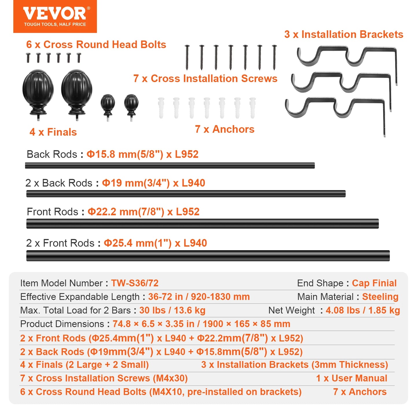 1 Inch Double Curtain Rods 36-72/74-144 Inches Rods for Windows 24-68/69-140 Inches Telescoping Dual Curtain Rod