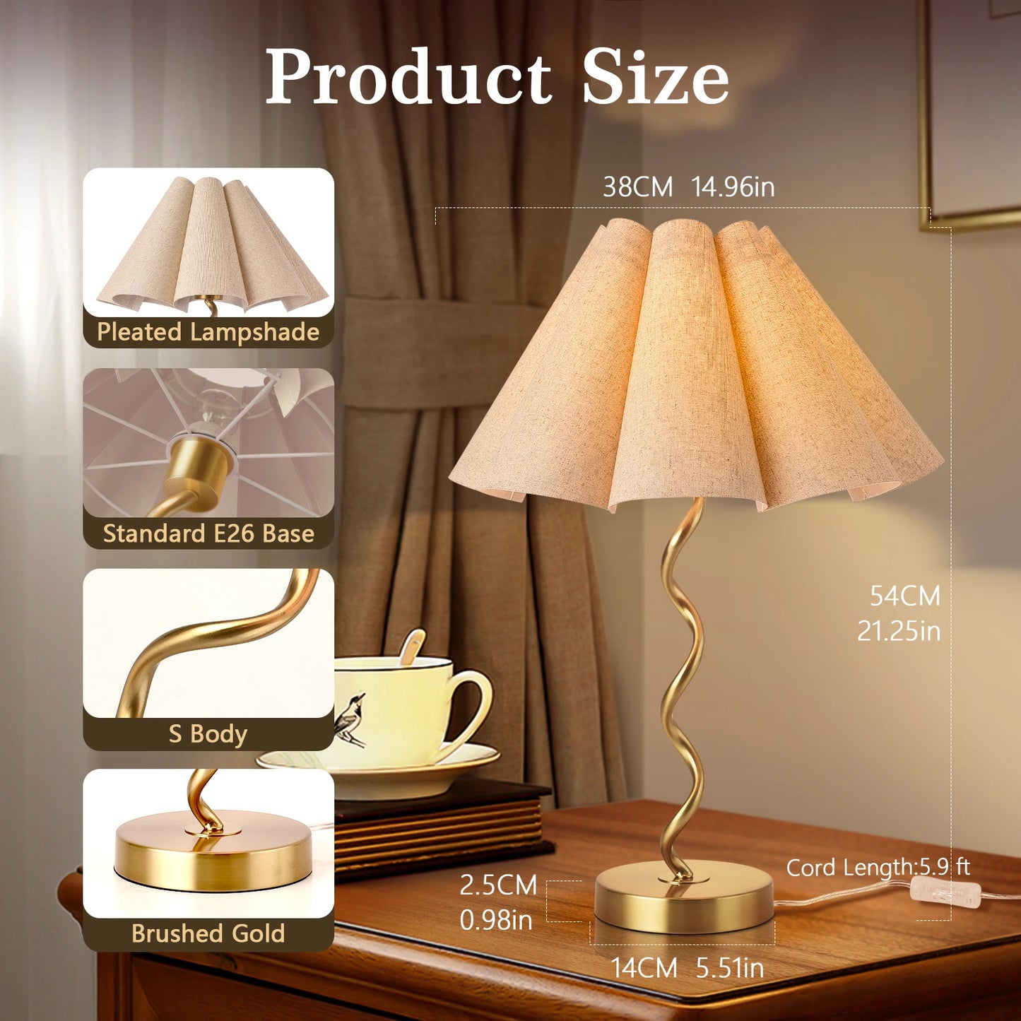 Gold Modern Table Lamp, Scalloped Pleated Desk Lamps Wavy Lamp for Bedside, Bow Table Lamps for Kitchen,Bedroom,Living Room