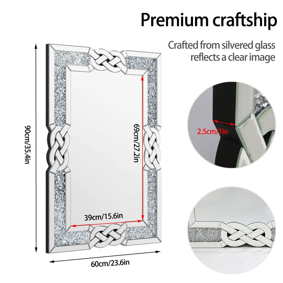 Large Full Body Wall Mirror with Crushed Diamond Detailing Artistic Silver Finish for Home Decorative