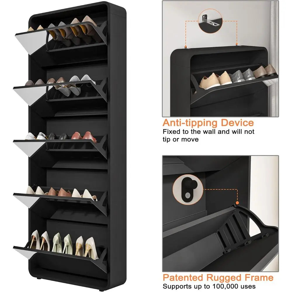 5-Tier Wooden Shoe Storage Cabinet with Mirror, Sleek White Entryway Organizer