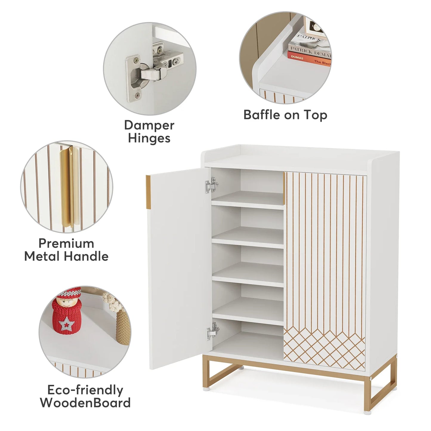 White Shoe Cabinets with Doors, 5-Tier Shoe Rack, Wood Storage Cabinet for Bedroom Hallway Living Room