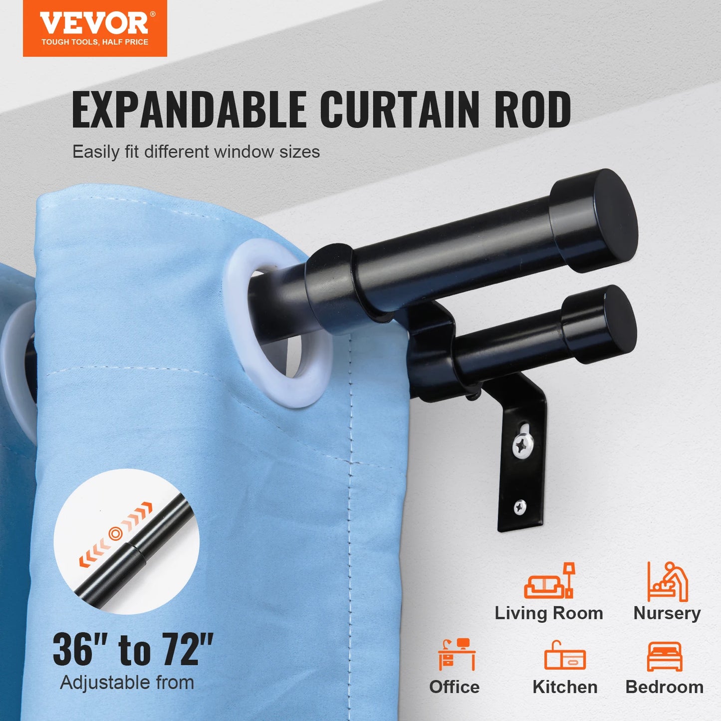 1 Inch Double Curtain Rods 36-72/74-144 Inches Rods for Windows 24-68/69-140 Inches Telescoping Dual Curtain Rod