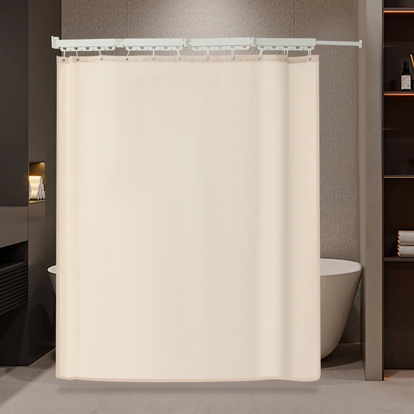 Shower Curtain Set, Wall Mounted Folding Shower Curtain Rod, No Drill Installation, 110 lbs Load for Home Bathroom