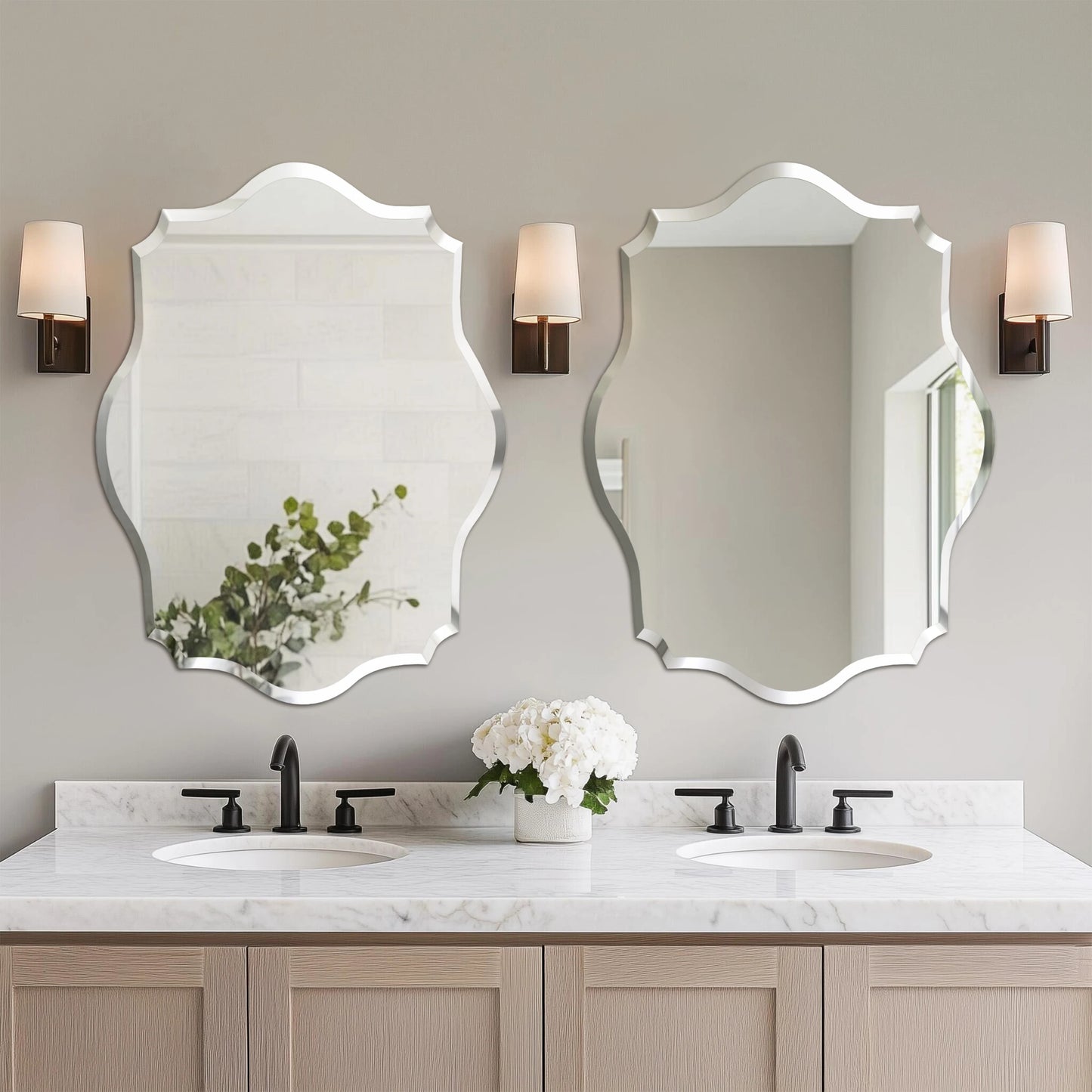 Wall Mirror Scalloped Frameless Beveled Edge Polished for Bathroom, Living Room, Vanity, Bedroom