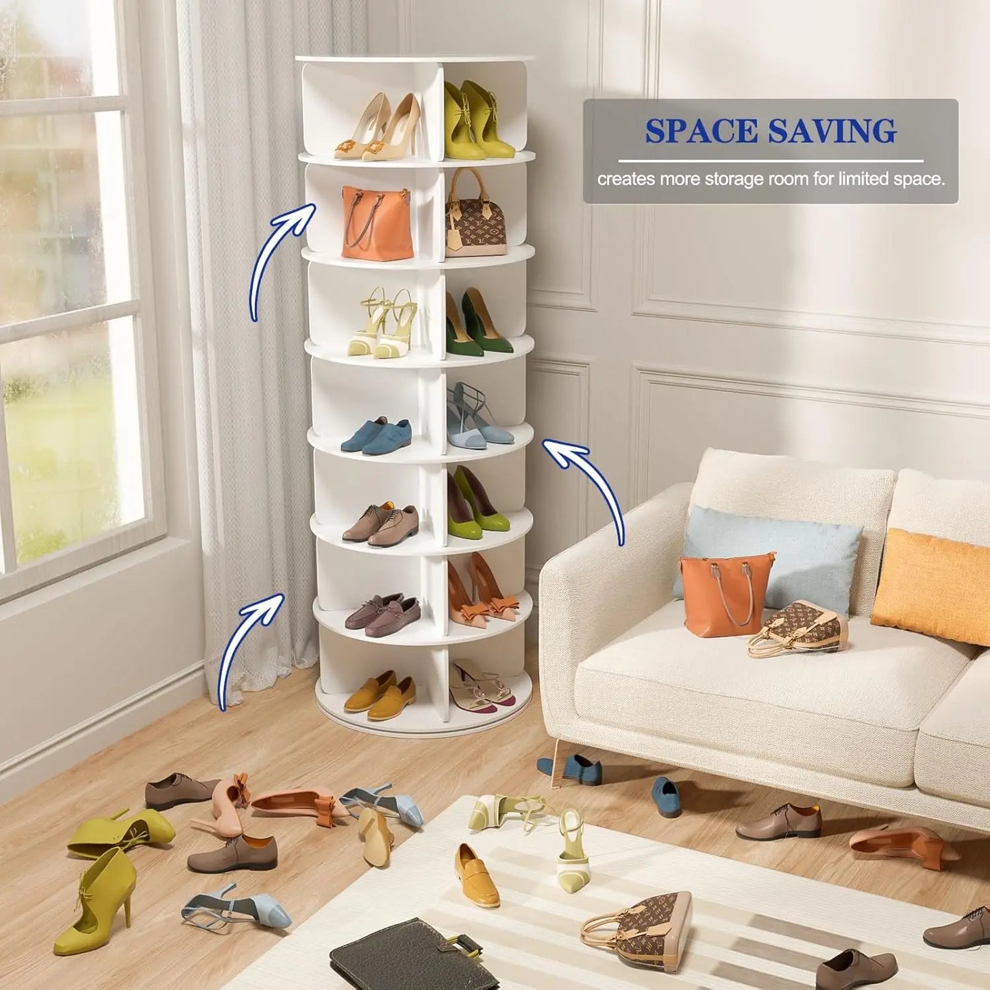7 Tier Rotating Shoe Rack Tower, Free Standing 360° Shoe organizer Lazy Susan, Bag Display Rack Storage Round,