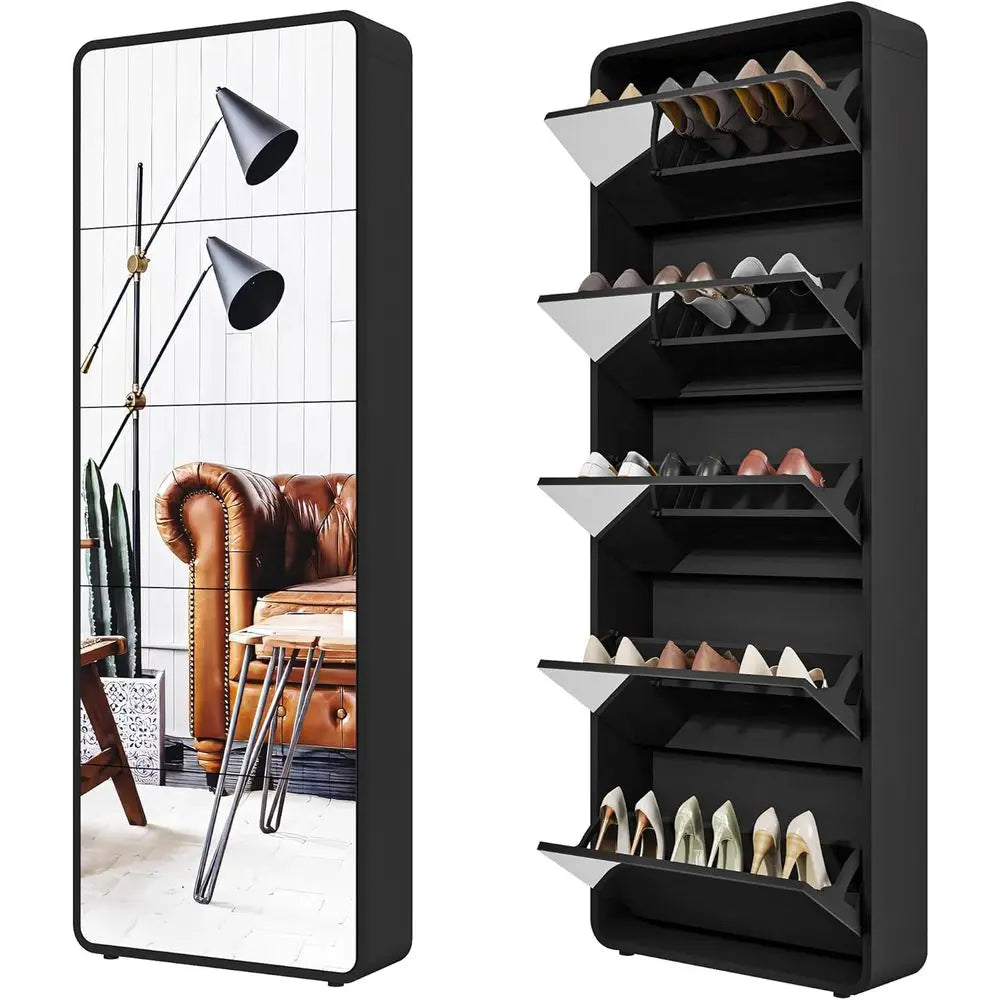 5-Tier Wooden Shoe Storage Cabinet with Mirror, Sleek White Entryway Organizer