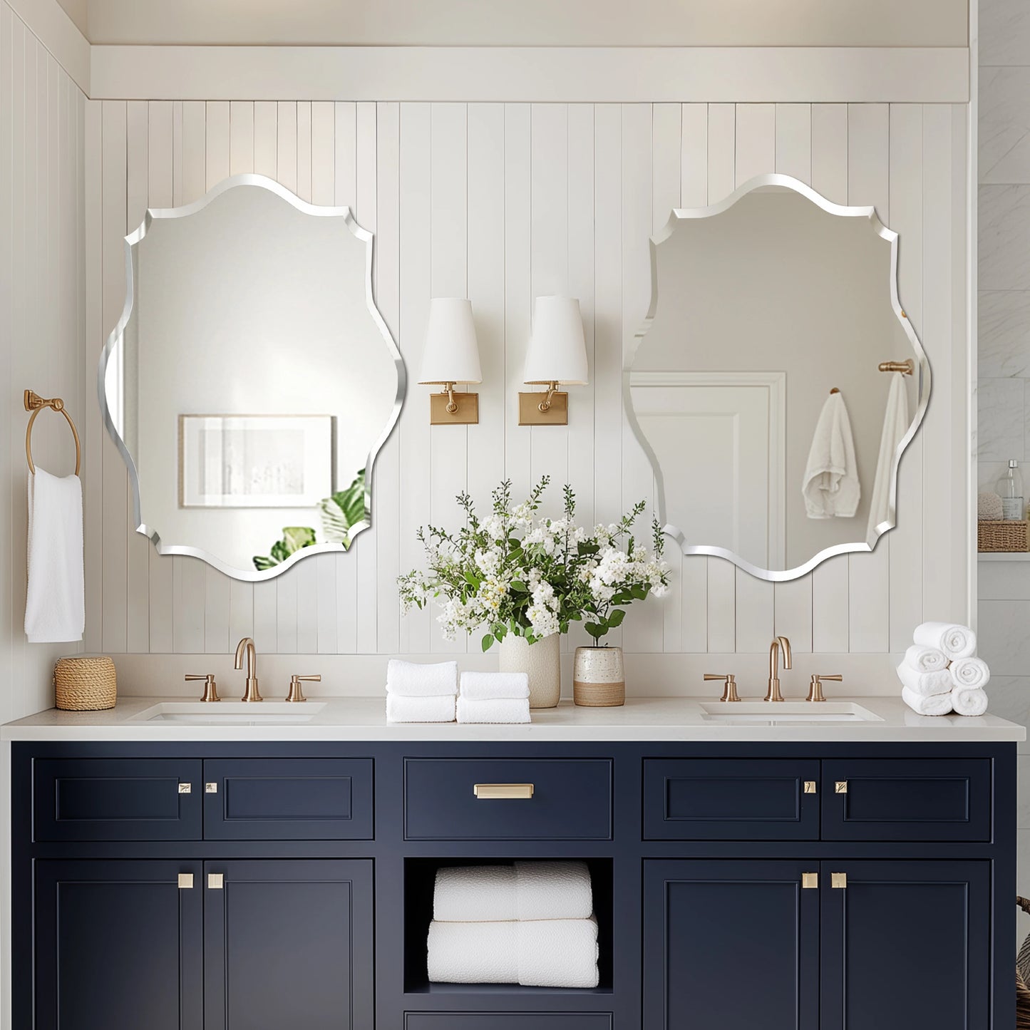 Wall Mirror Scalloped Frameless Beveled Edge Polished for Bathroom, Living Room, Vanity, Bedroom