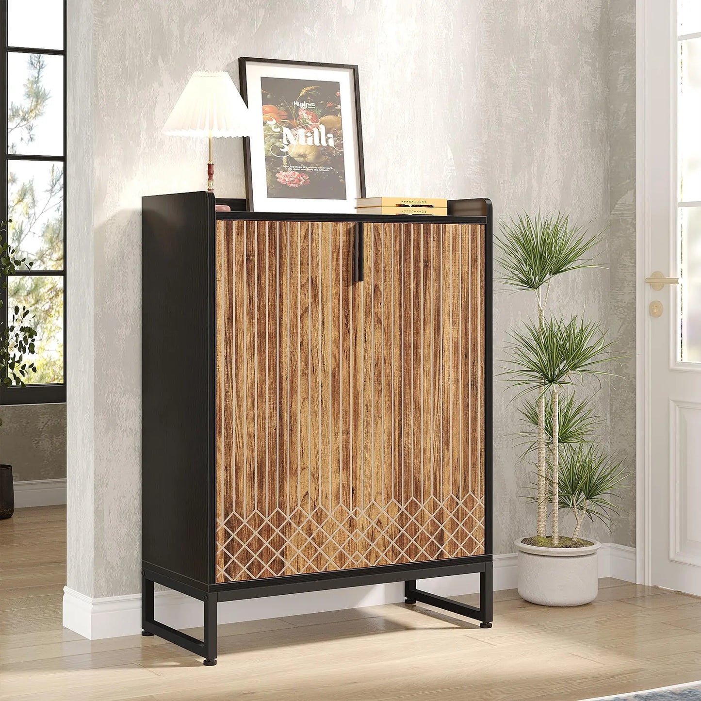 White Shoe Cabinets with Doors, 5-Tier Shoe Rack, Wood Storage Cabinet for Bedroom Hallway Living Room