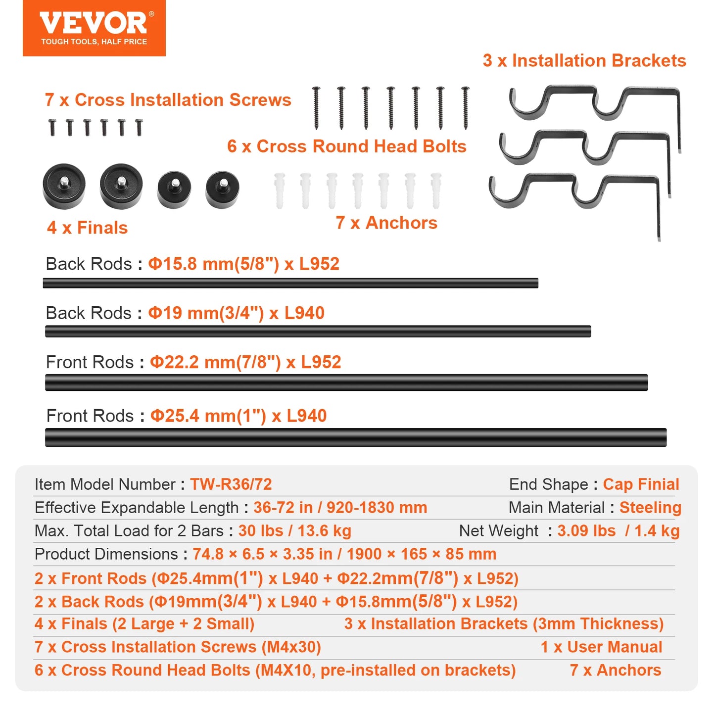 1 Inch Double Curtain Rods 36-72/74-144 Inches Rods for Windows 24-68/69-140 Inches Telescoping Dual Curtain Rod