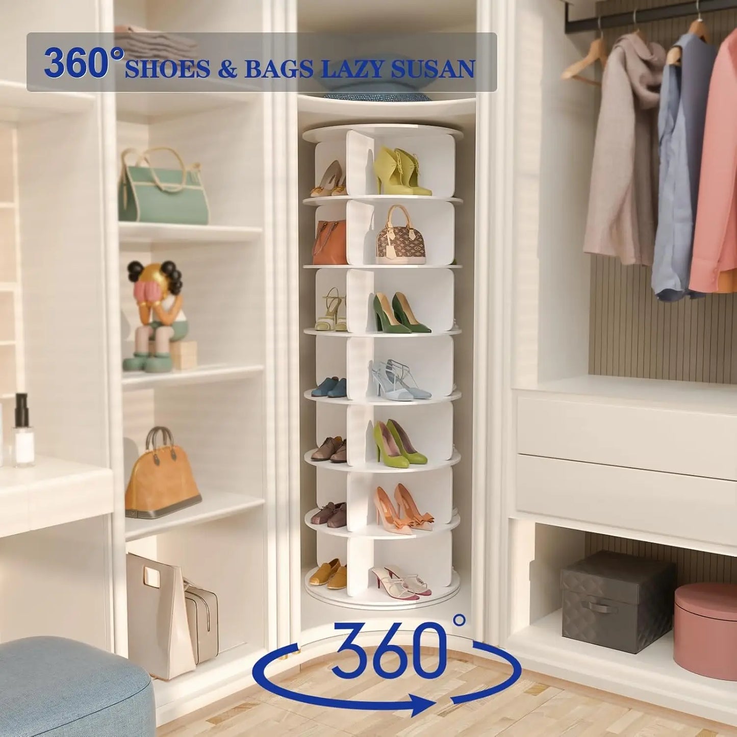 7 Tier Rotating Shoe Rack Tower, Free Standing 360° Shoe organizer Lazy Susan, Bag Display Rack Storage Round,