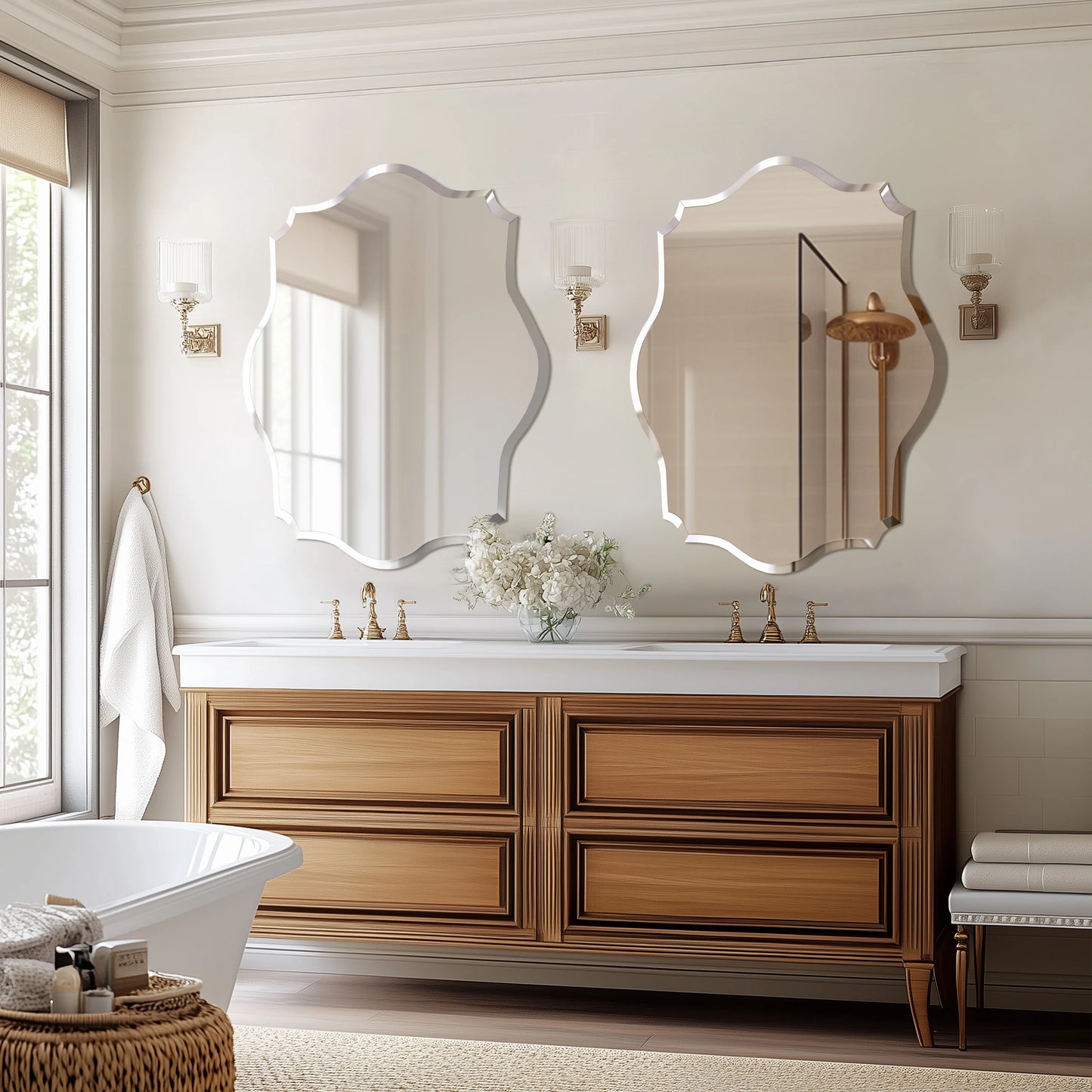 Wall Mirror Scalloped Frameless Beveled Edge Polished for Bathroom, Living Room, Vanity, Bedroom