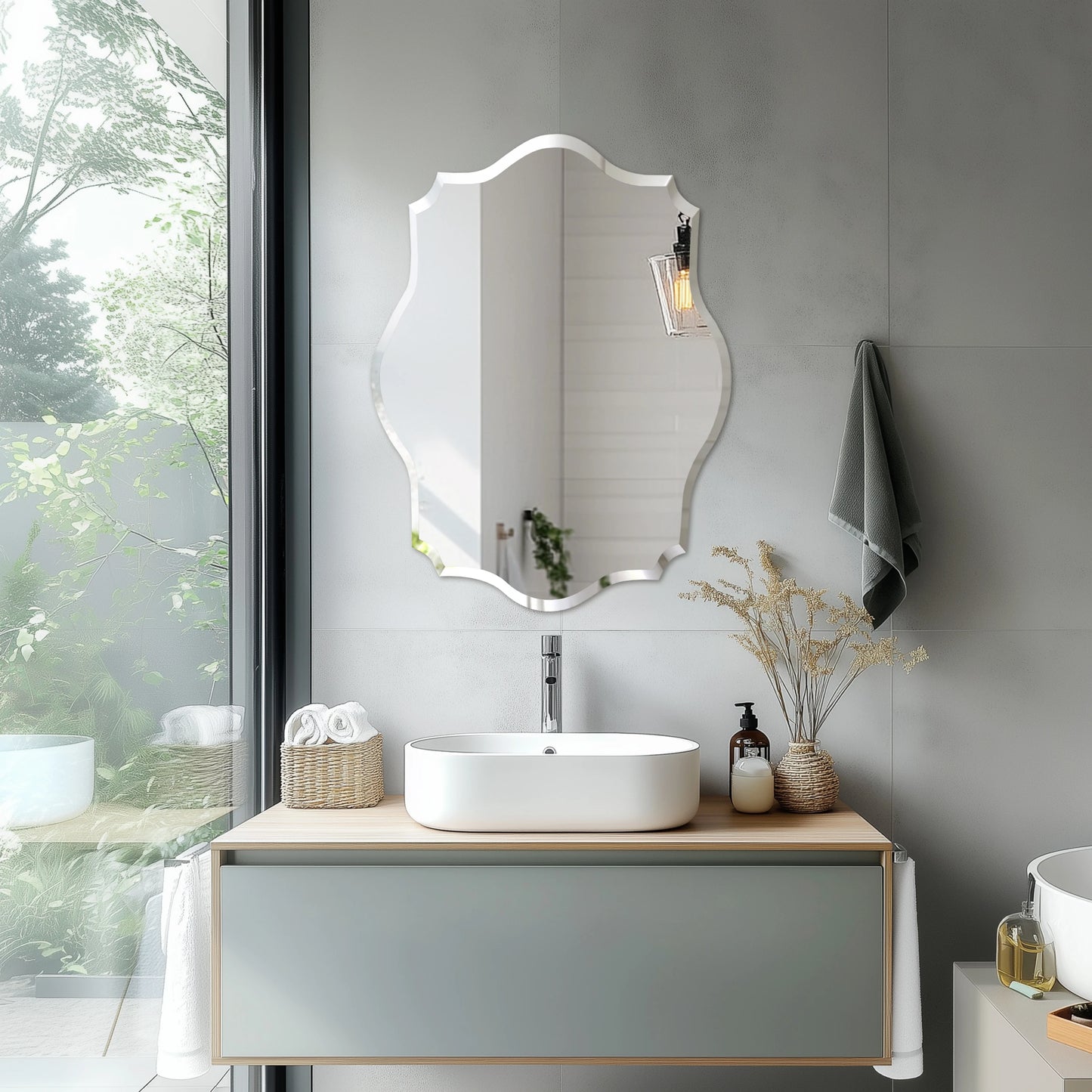 Wall Mirror Scalloped Frameless Beveled Edge Polished for Bathroom, Living Room, Vanity, Bedroom