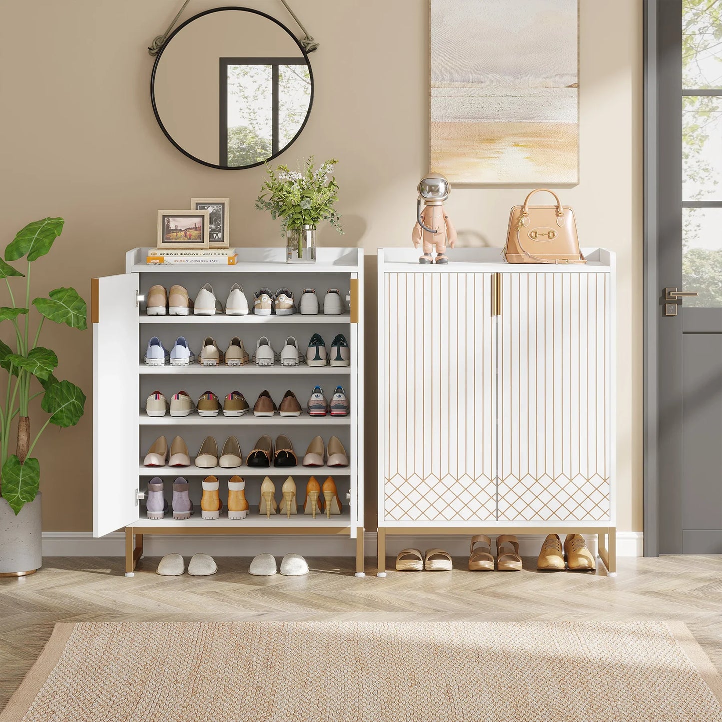 White Shoe Cabinets with Doors, 5-Tier Shoe Rack, Wood Storage Cabinet for Bedroom Hallway Living Room
