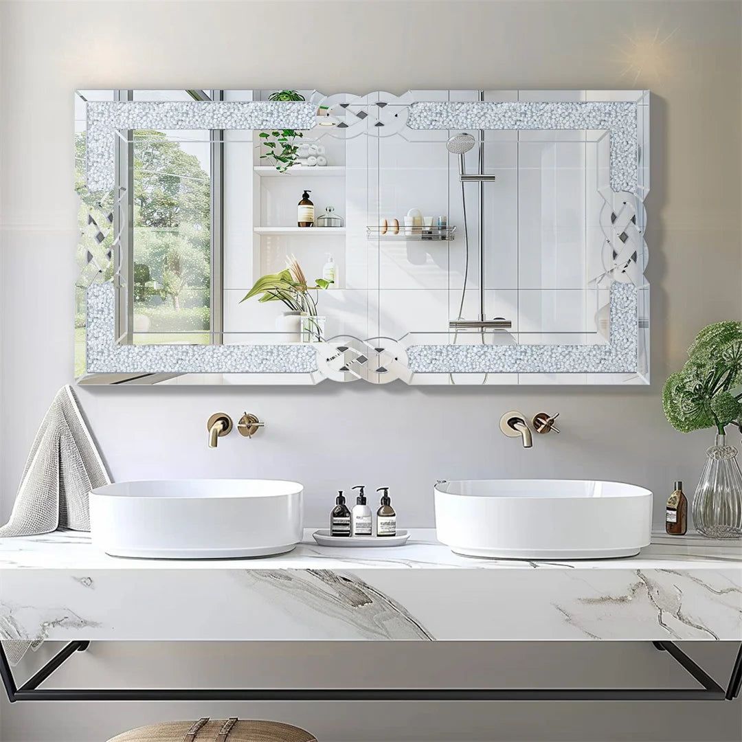 Large Full Body Wall Mirror with Crushed Diamond Detailing Artistic Silver Finish for Home Decorative