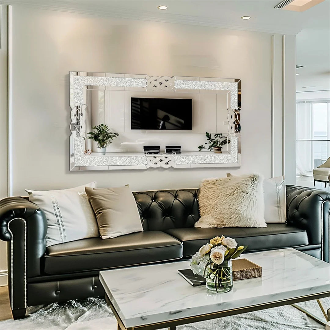 Large Full Body Wall Mirror with Crushed Diamond Detailing Artistic Silver Finish for Home Decorative