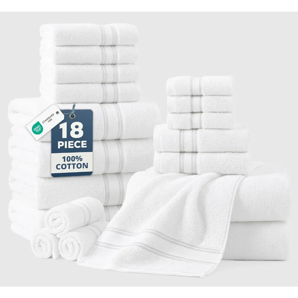 Towel Set of 18 – Premium 100% Cotton, Zero Twist, 6 Large Bath Towel, 6 Hand Towels & 6 Wash Cloths