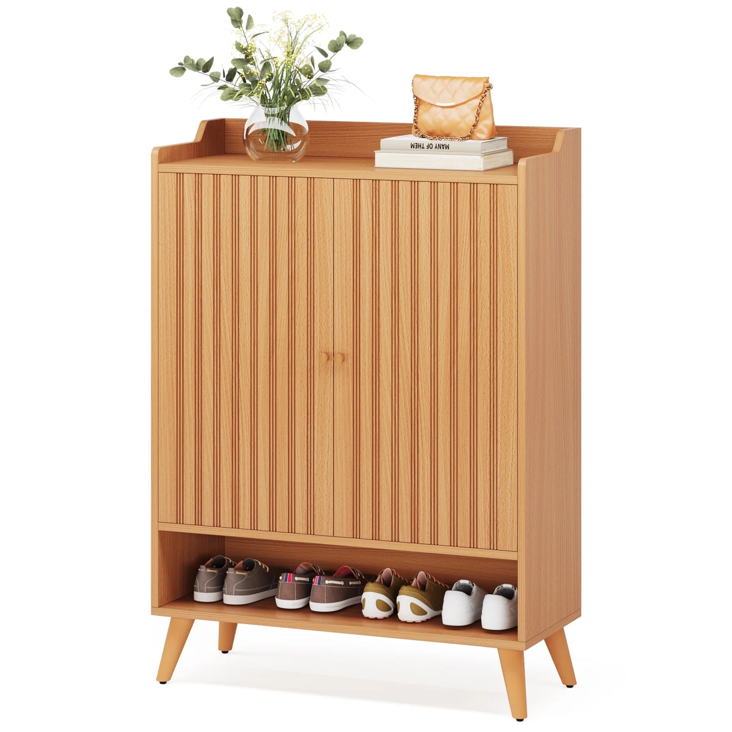 White Shoe Cabinets with Doors, 5-Tier Shoe Rack, Wood Storage Cabinet for Bedroom Hallway Living Room