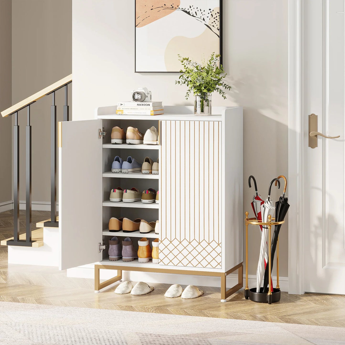 White Shoe Cabinets with Doors, 5-Tier Shoe Rack, Wood Storage Cabinet for Bedroom Hallway Living Room