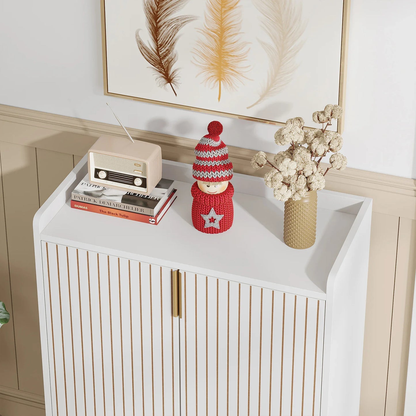 White Shoe Cabinets with Doors, 5-Tier Shoe Rack, Wood Storage Cabinet for Bedroom Hallway Living Room
