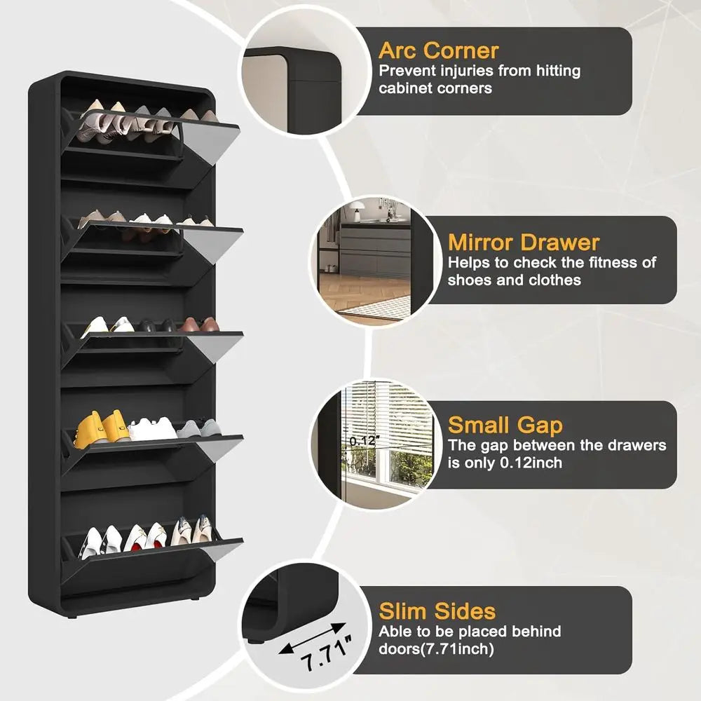 5-Tier Wooden Shoe Storage Cabinet with Mirror, Sleek White Entryway Organizer