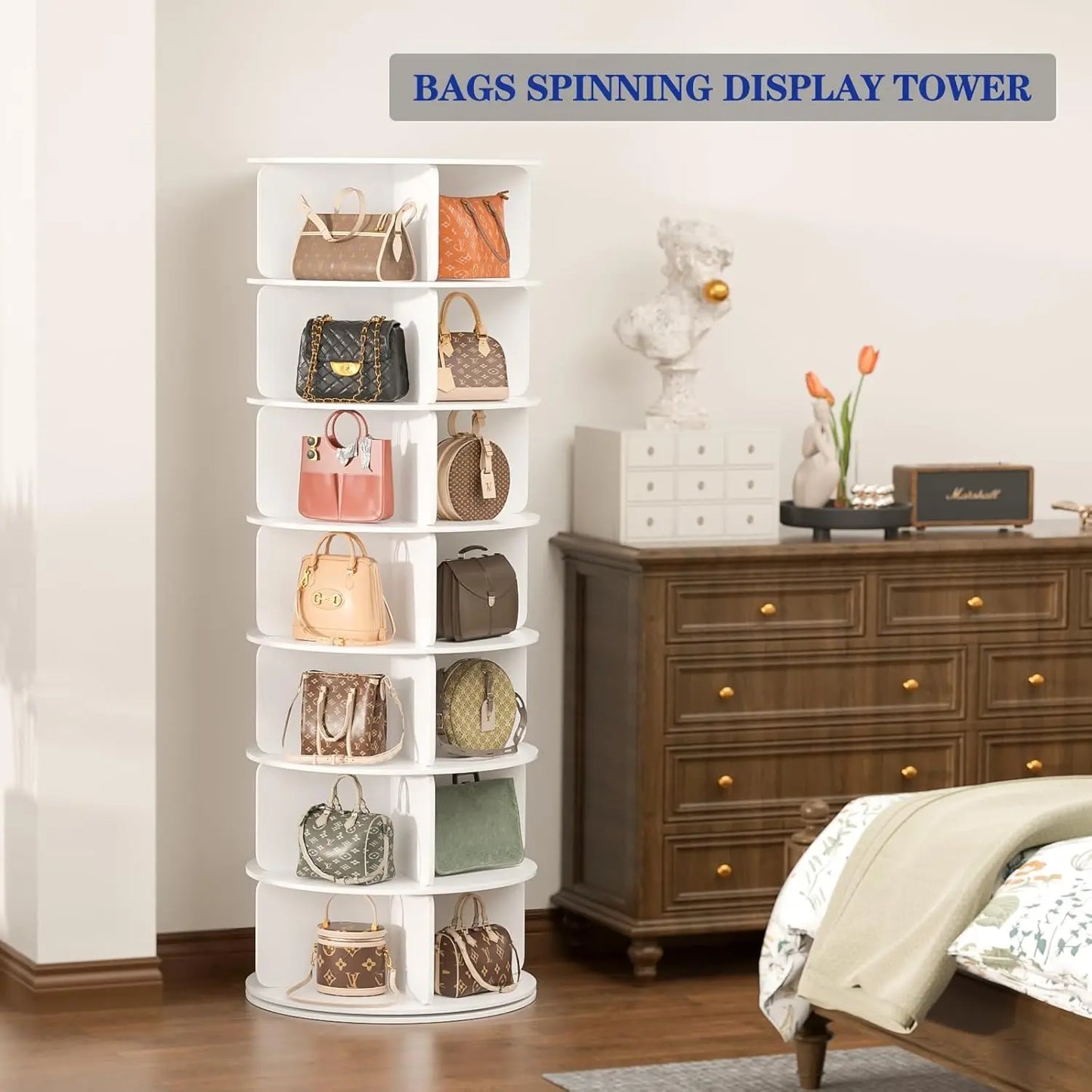 7 Tier Rotating Shoe Rack Tower, Free Standing 360° Shoe organizer Lazy Susan, Bag Display Rack Storage Round,