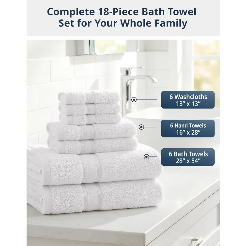Towel Set of 18 – Premium 100% Cotton, Zero Twist, 6 Large Bath Towel, 6 Hand Towels & 6 Wash Cloths
