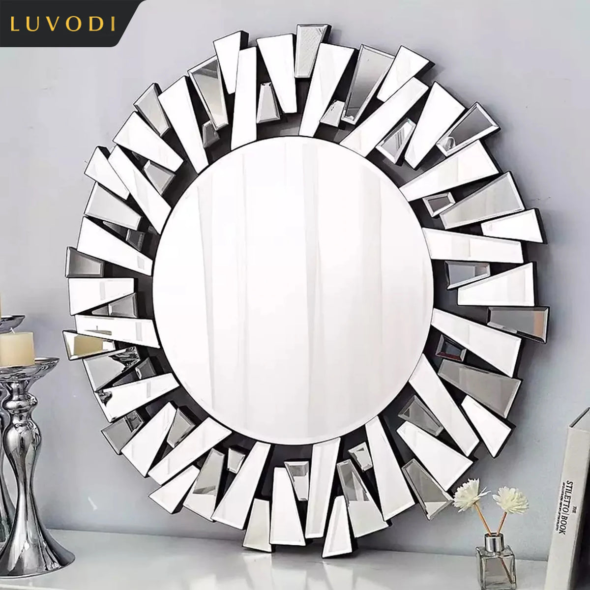 Large round Wall Mirror with Silver Starburst Art Design for Living Dining Bed Meeting Bathroom Decorative