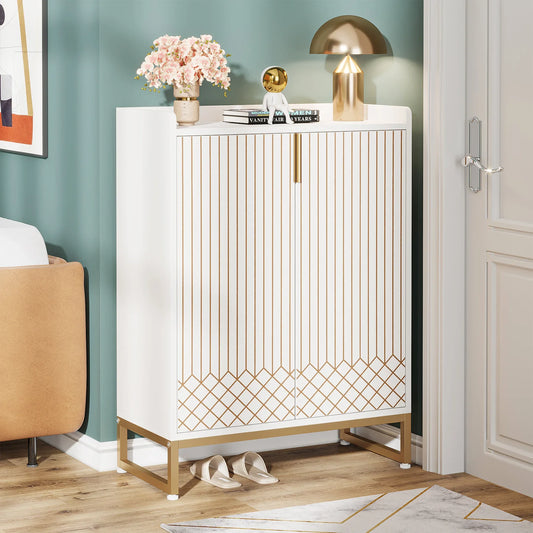White Shoe Cabinets with Doors, 5-Tier Shoe Rack, Wood Storage Cabinet for Bedroom Hallway Living Room