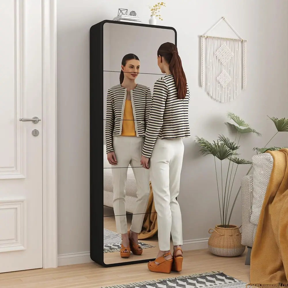 5-Tier Wooden Shoe Storage Cabinet with Mirror, Sleek White Entryway Organizer