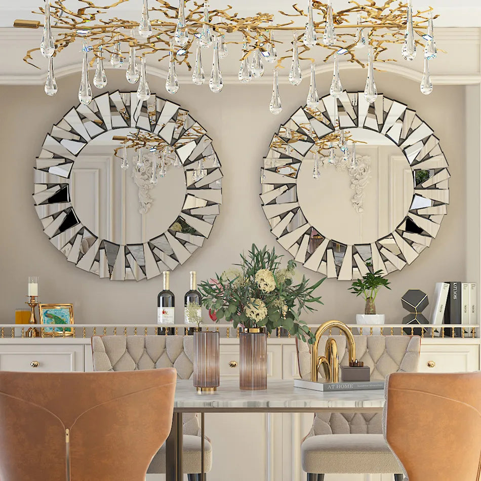 Large round Wall Mirror with Silver Starburst Art Design for Living Dining Bed Meeting Bathroom Decorative