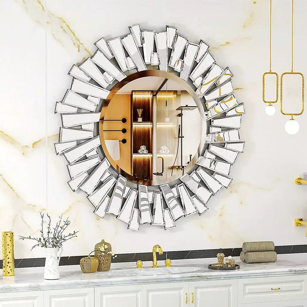 Large round Wall Mirror with Silver Starburst Art Design for Living Dining Bed Meeting Bathroom Decorative