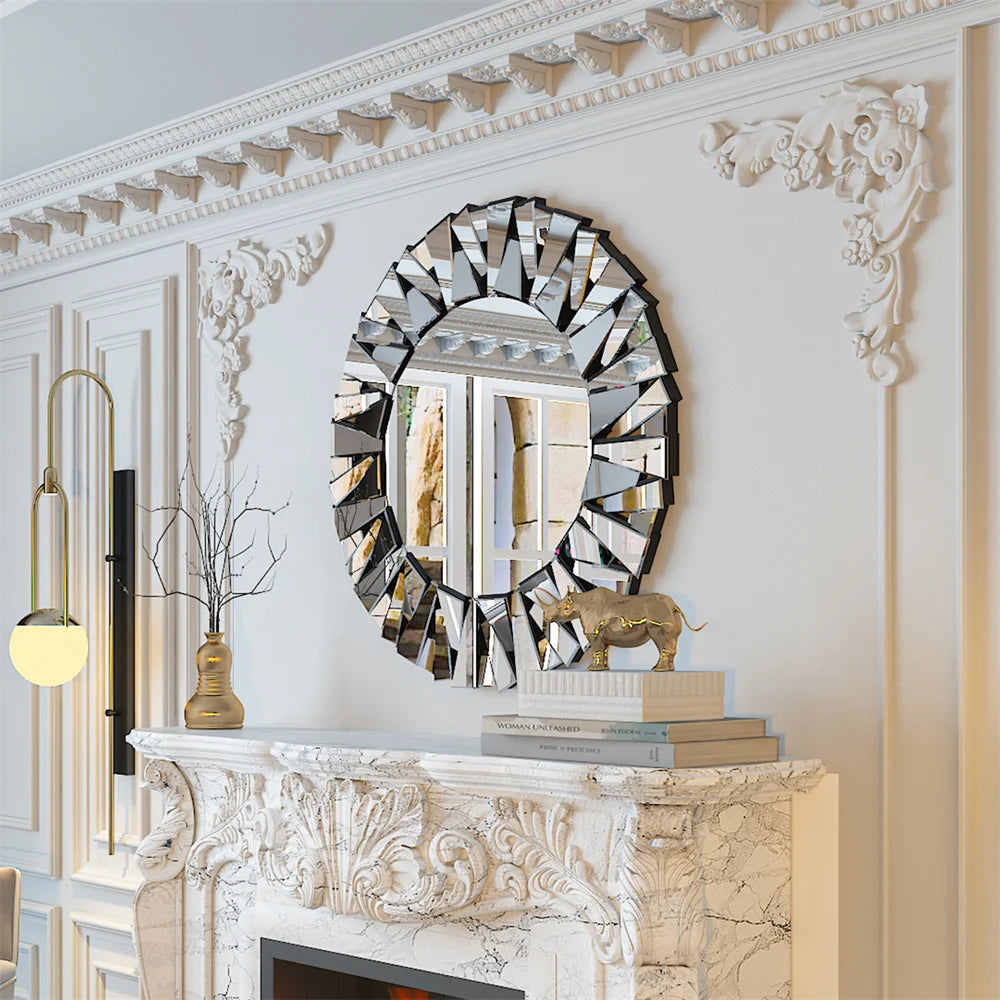 Large round Wall Mirror with Silver Starburst Art Design for Living Dining Bed Meeting Bathroom Decorative