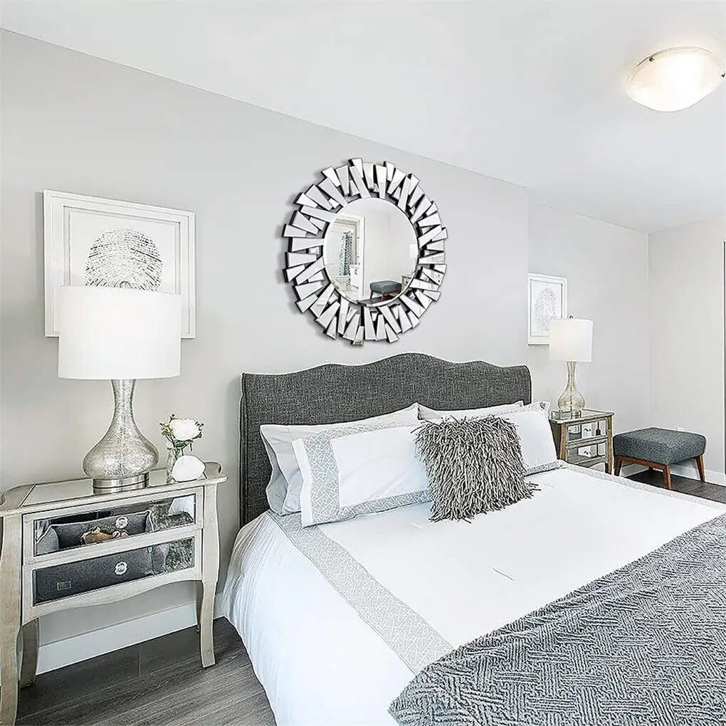 Large round Wall Mirror with Silver Starburst Art Design for Living Dining Bed Meeting Bathroom Decorative