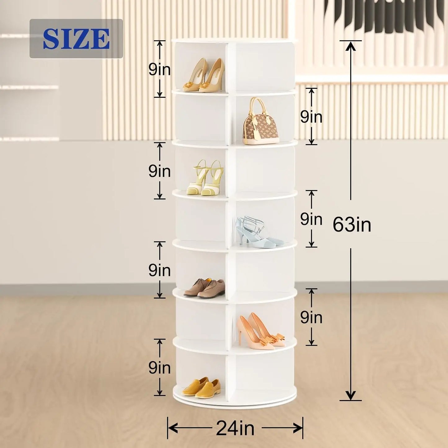 7 Tier Rotating Shoe Rack Tower, Free Standing 360° Shoe organizer Lazy Susan, Bag Display Rack Storage Round,