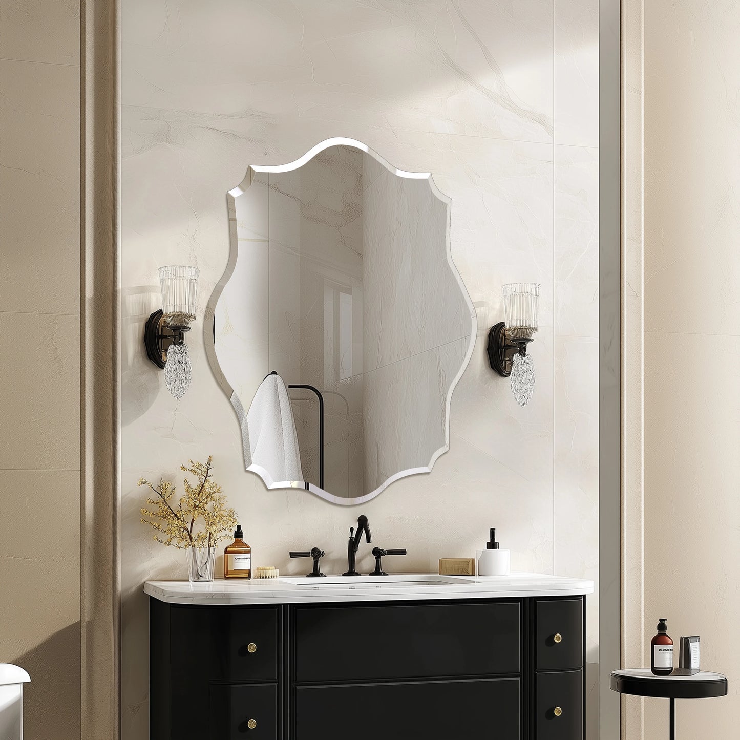 Wall Mirror Scalloped Frameless Beveled Edge Polished for Bathroom, Living Room, Vanity, Bedroom