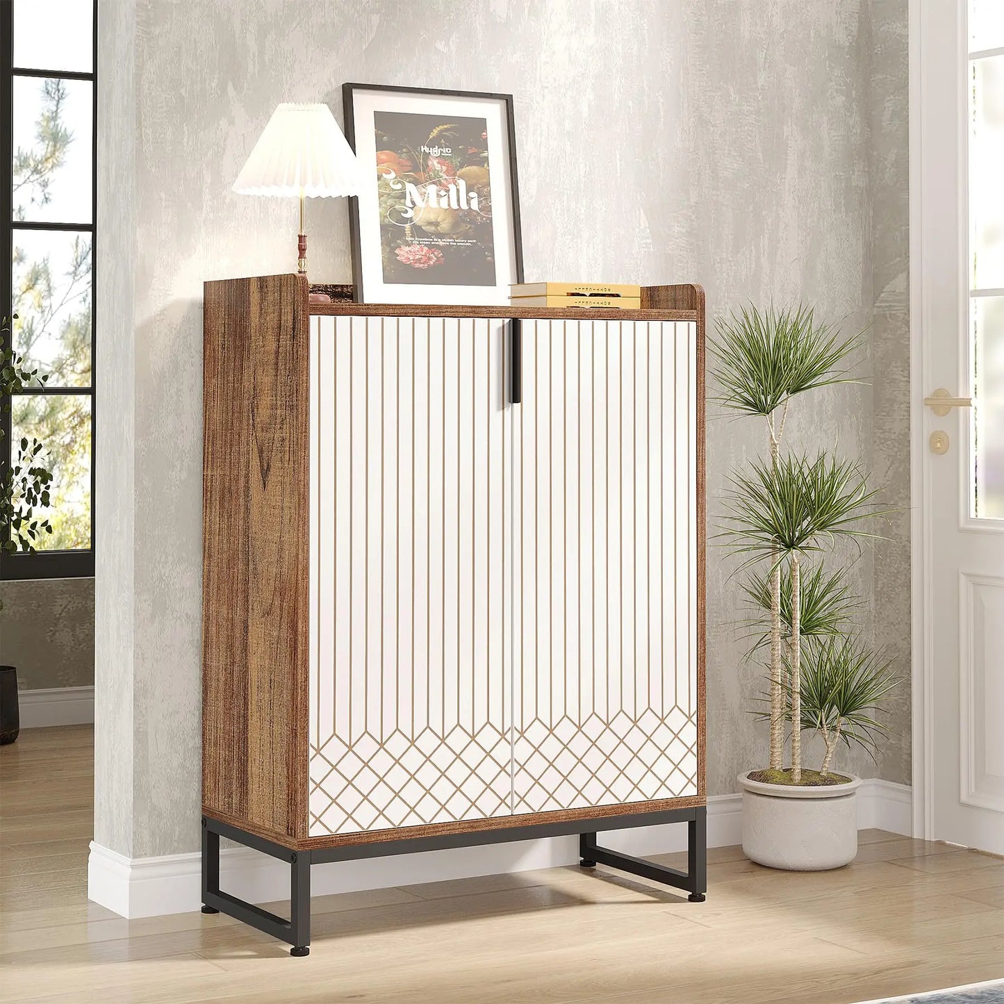 White Shoe Cabinets with Doors, 5-Tier Shoe Rack, Wood Storage Cabinet for Bedroom Hallway Living Room