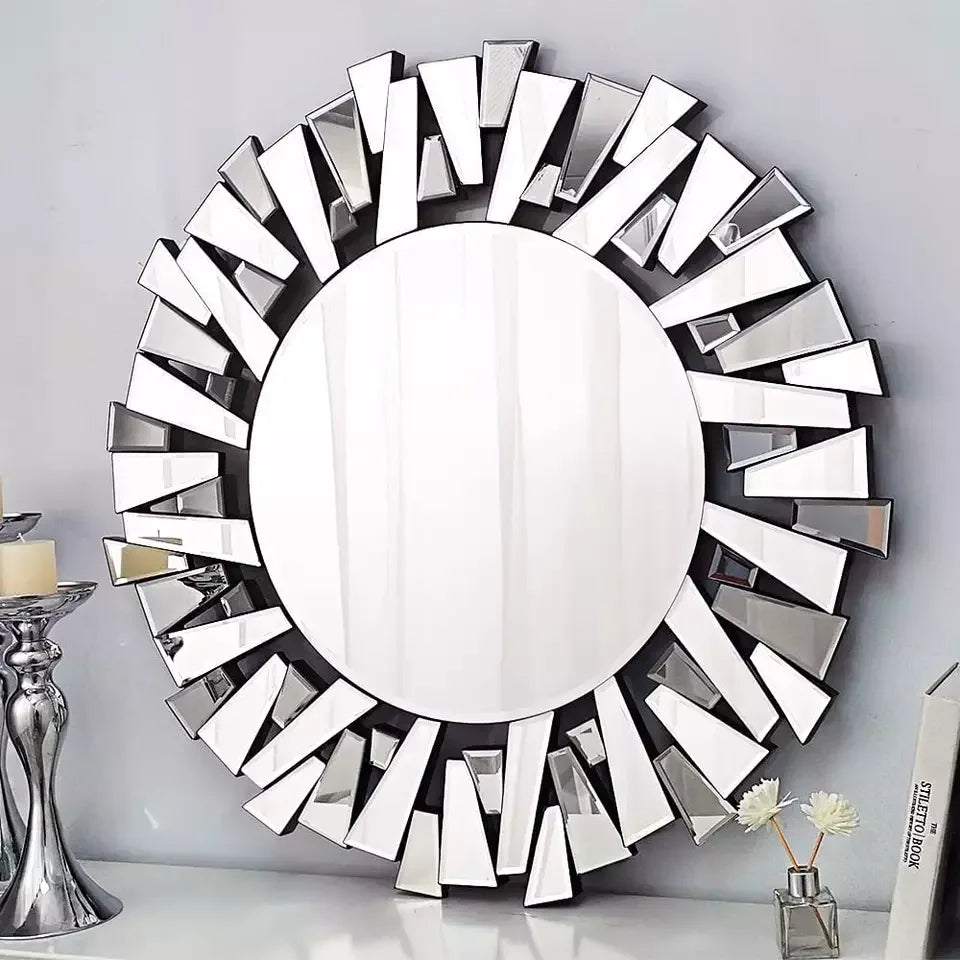 Large round Wall Mirror with Silver Starburst Art Design for Living Dining Bed Meeting Bathroom Decorative