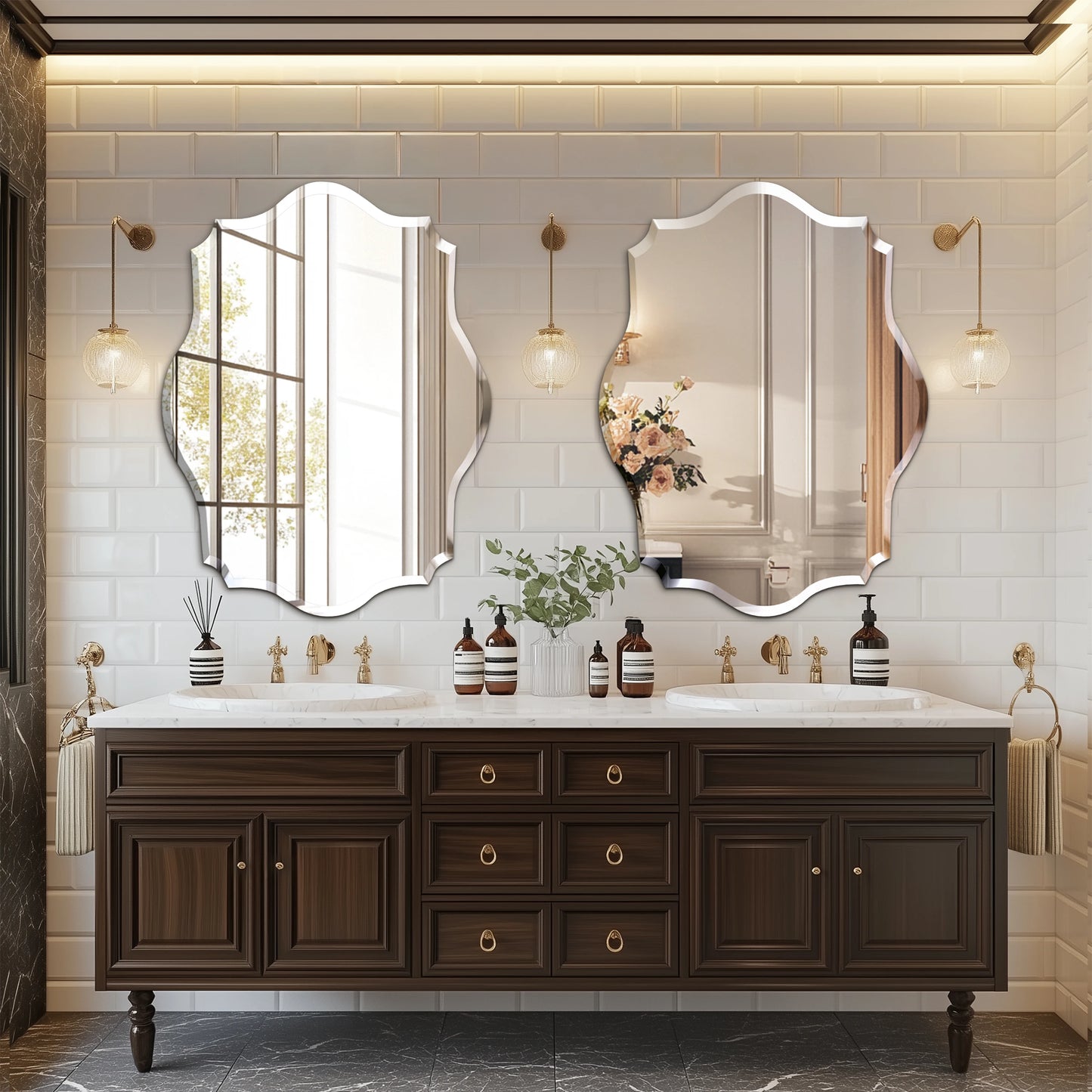 Wall Mirror Scalloped Frameless Beveled Edge Polished for Bathroom, Living Room, Vanity, Bedroom