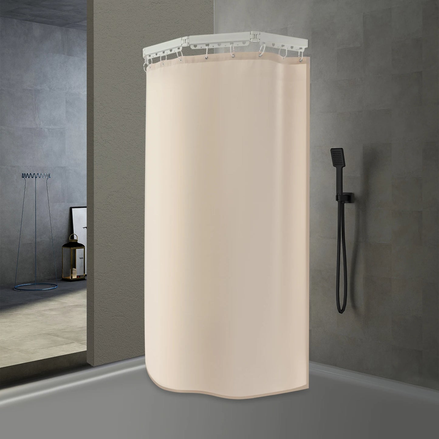 Shower Curtain Set with Folding Rod, Wall Mounted 4-Section 110lbs Capacity, L/U/Z Shape for Bathroom Dry-Wet Separation