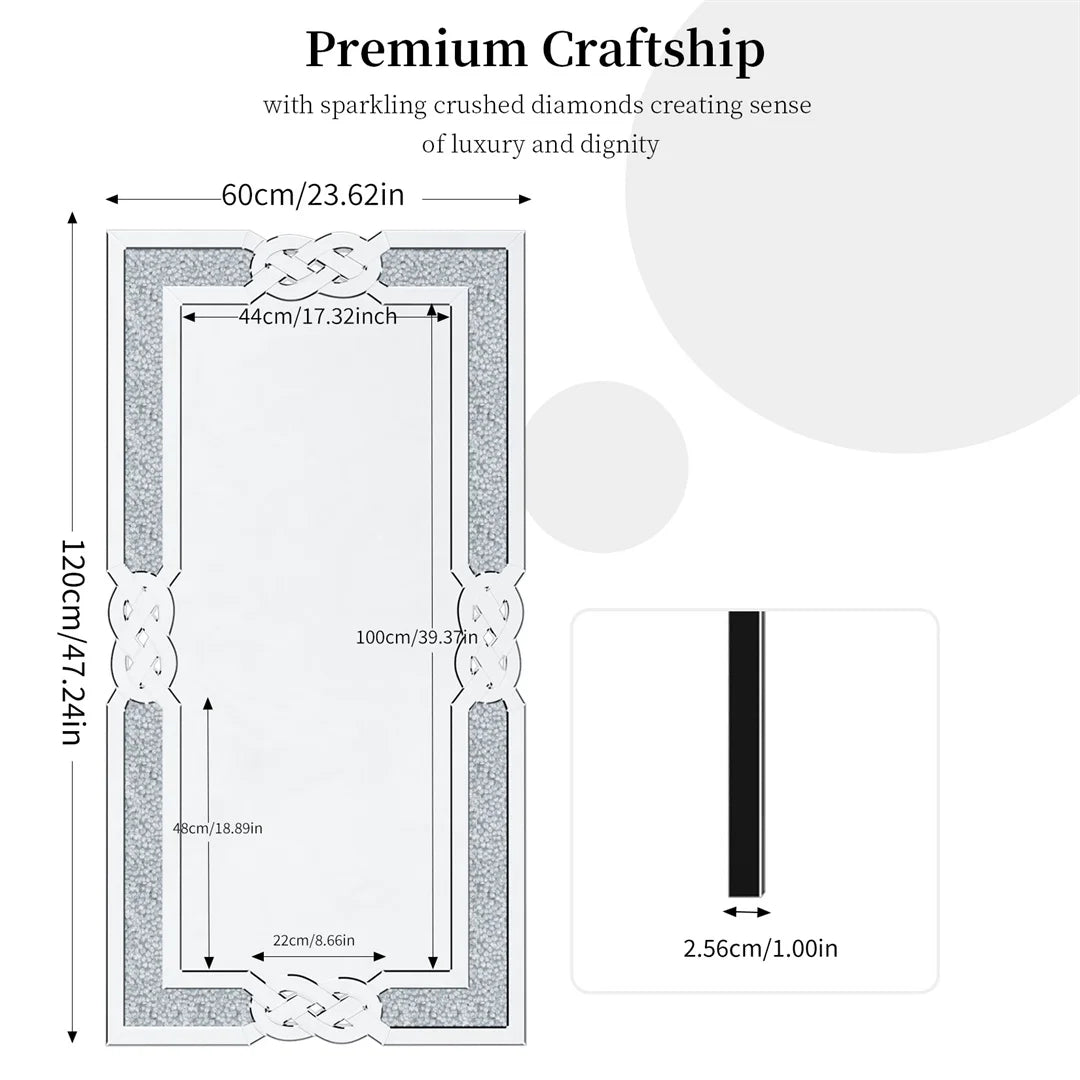 Large Full Body Wall Mirror with Crushed Diamond Detailing Artistic Silver Finish for Home Decorative